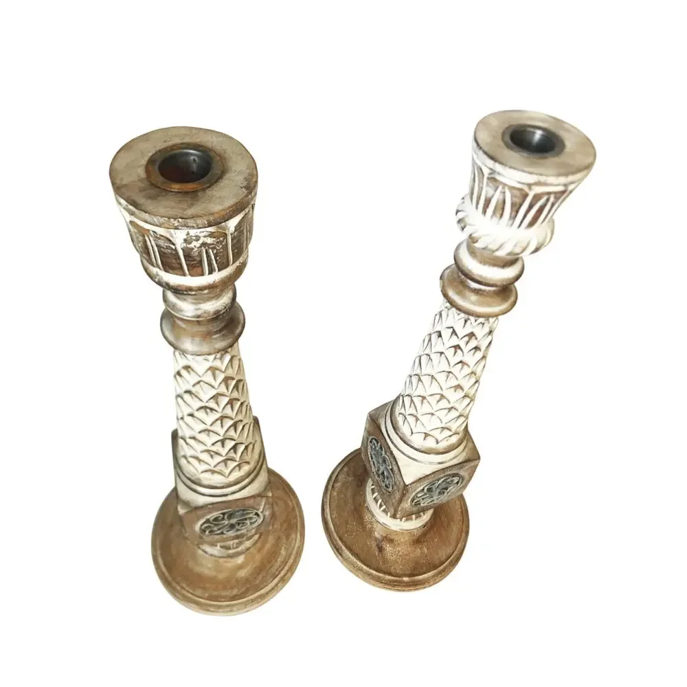 Pier 1 Hand-Carved Wood Candle Holders: Whitewashed Boho Decor